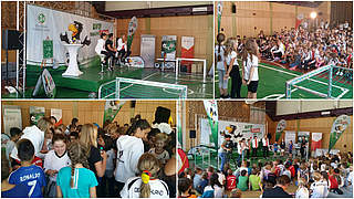 Nationalspielerinnen ganz nahe:  Hasret Kayikci und Lena Petermann beim Schulbesuch © Collage DFB