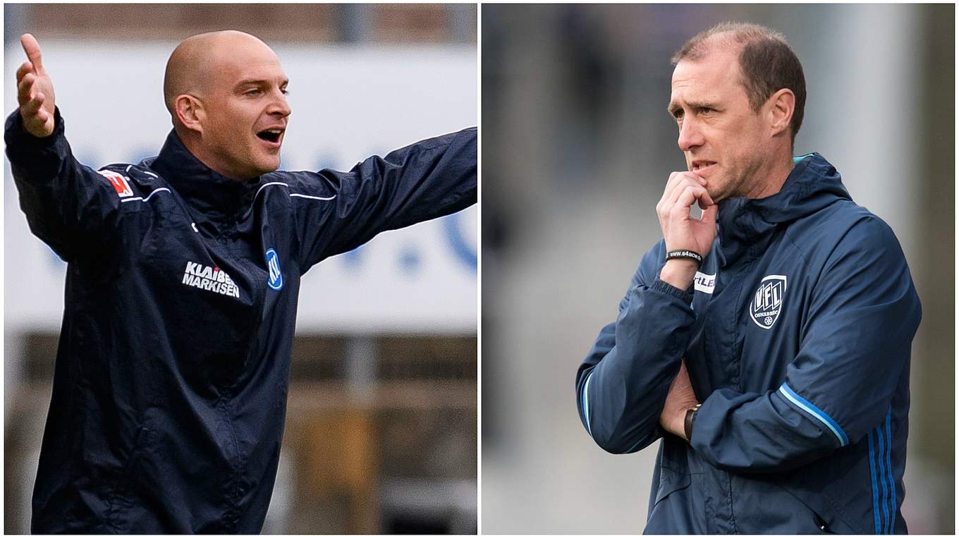 Trainer im Duell: Karlsruhes Marc-Patrick Meister und Osnabrücks Joe Enochs (v.l.) © Getty Images/Collage DFB