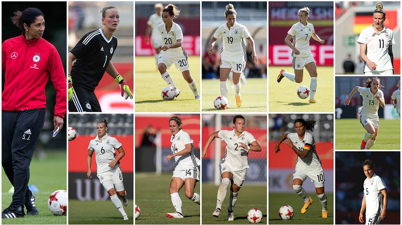 Mit diesen elf Spielerinnen startet Steffi Jones (links) in die Europameisterschaft. © Getty Images/Collage DFB