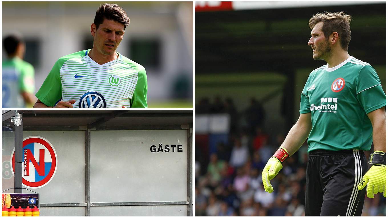 Reunited: Norderstedt goalkeeper Höcker faces Gomez once again © imago/Getty Images/Collage DFB