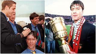 First the triumph, then the forfeit. Schneider (left) shaves Löw's head.  © 