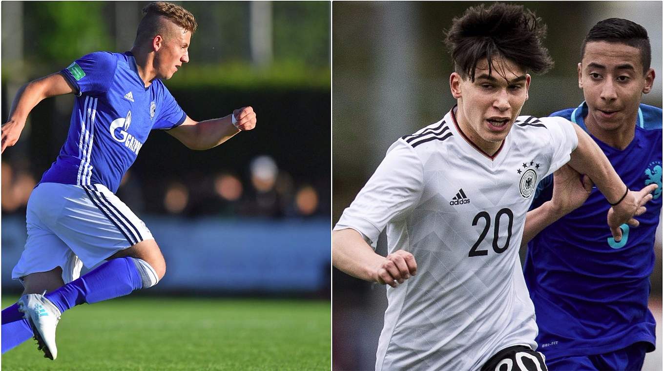 Zwei der Schalker Junioren-Nationalspieler: Mick Gudra (l.) und Mehmet-Can Aydin © GettyImages/Collage DFB