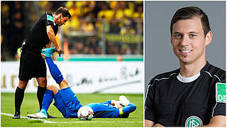 First aid for the cramped muscle: Referee Christian Dietz with goalkeeper Dennis Klose © Getty Images/Collage: DFB