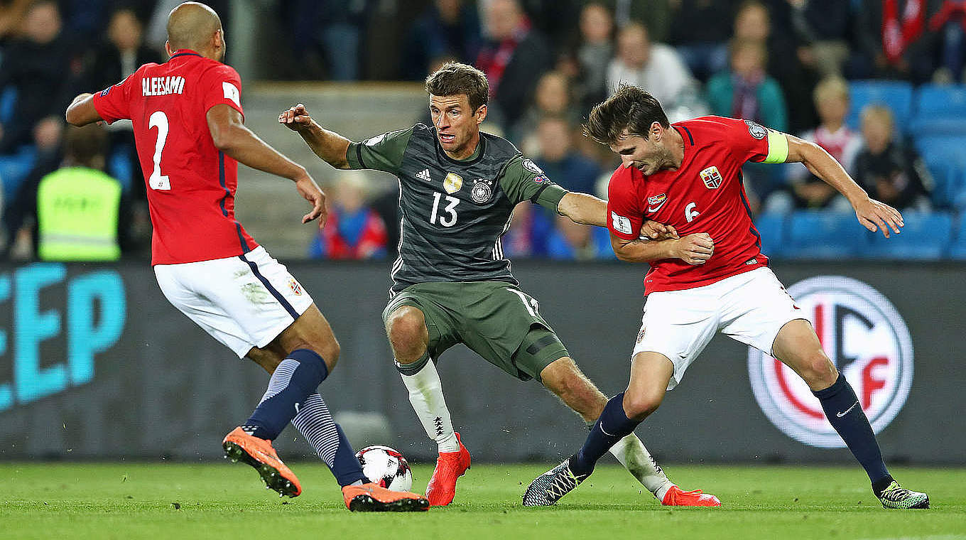 22nd clash with Norway: Thomas Müller (centre) scored twice in the first leg © 2016 Getty Images