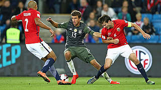 22nd clash with Norway: Thomas Müller (centre) scored twice in the first leg © 2016 Getty Images