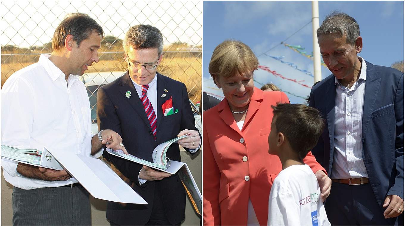 Schick mit Bundeskanzlerin Merkel und Bundesinnenminister de Maiziére © GIZ/Collage DFB