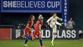 Marozsán in action: The midfielder playing against England in the 2017 SheBelieves Cup © 