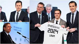 Bei der SPOBIS in Düsseldorf: Curtius, Lahm und Grindel (v.r.), Bierhoff (o.) und Koch © Getty Images/Collage DFB