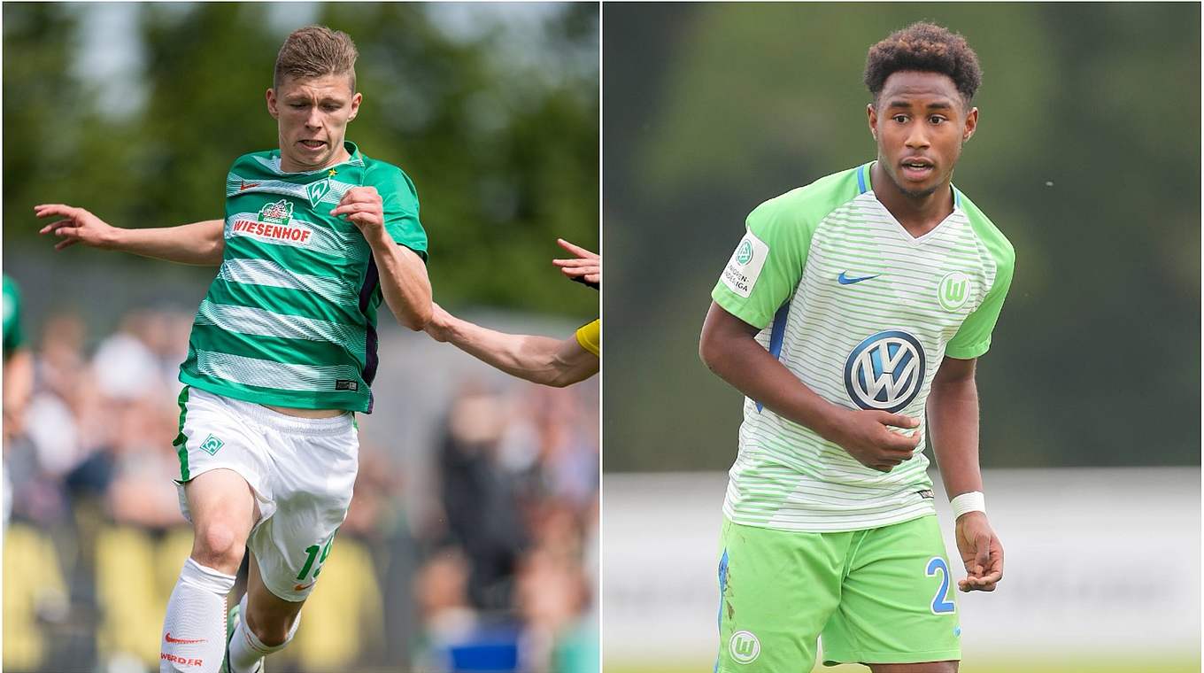 Junioren-Nationalspieler im Duell: Bremens Luc Ihorst und Wolfsburgs John Yeboah (v.l.) © Getty Images/imago/Collage DFB