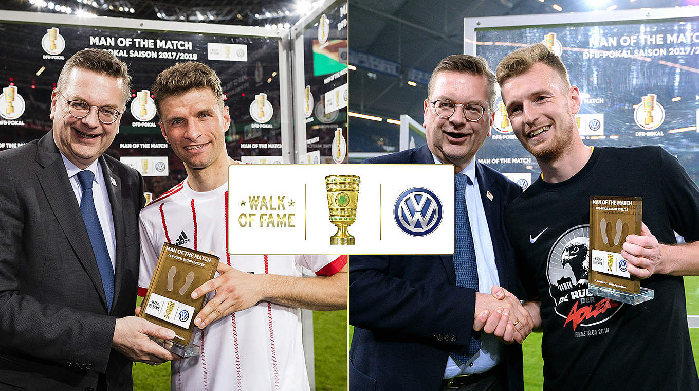 Kandidaten nach dem Halbfinale: Müller und Hradecky (r.) mit DFB-Präsident Grindel © Getty Images/Collage DFB