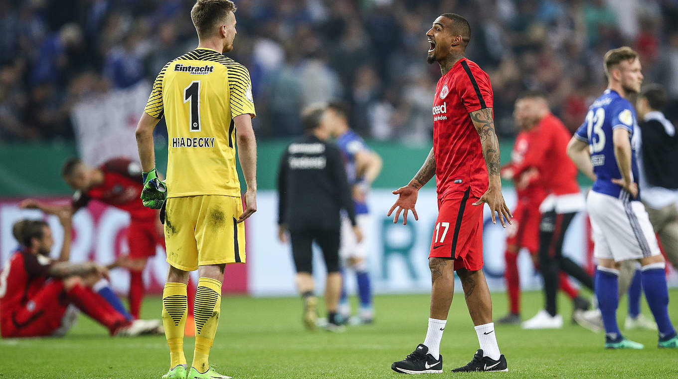 Hradecky and Kevin-Prince Boateng celebrate making it to the DFB Cup final © 2018 Getty Images