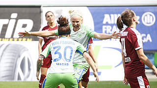 Wolfsburg's Harder and McLeod celebrate scoring © 2018 Getty Images