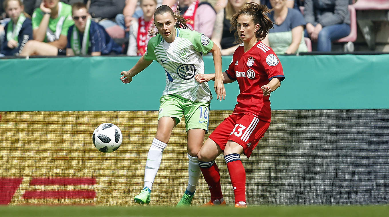 Im Zweikampf: Münchens Sara Däbritz (r.) gegen Wolfsburgs Noelle Maritz © 2018 Getty Images