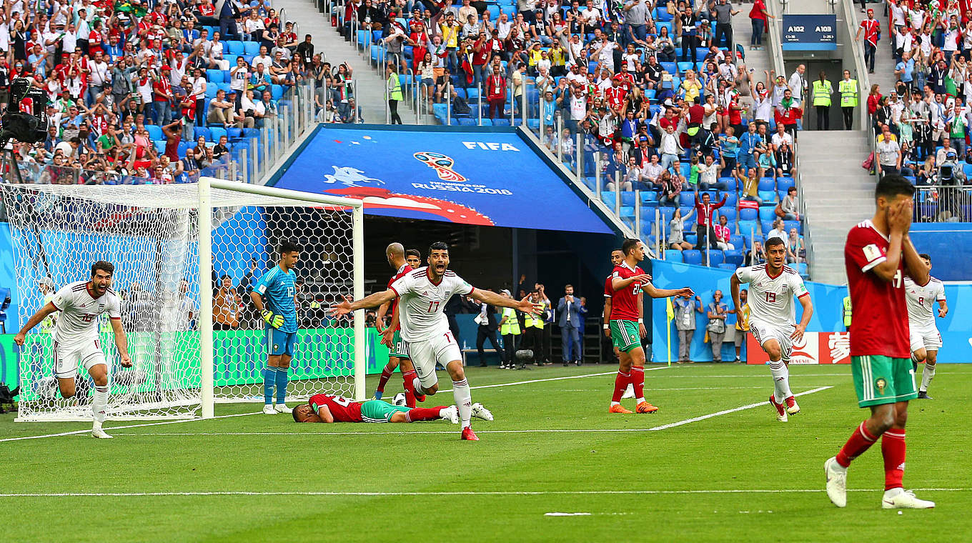 Injury time madness: Iran celebrate the last-minute own goal © 2018 AMA Sports Photo Agency