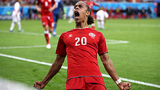 Leipzig's Yussuf Poulsen celebrates his winning goal. © 2018 Getty Images