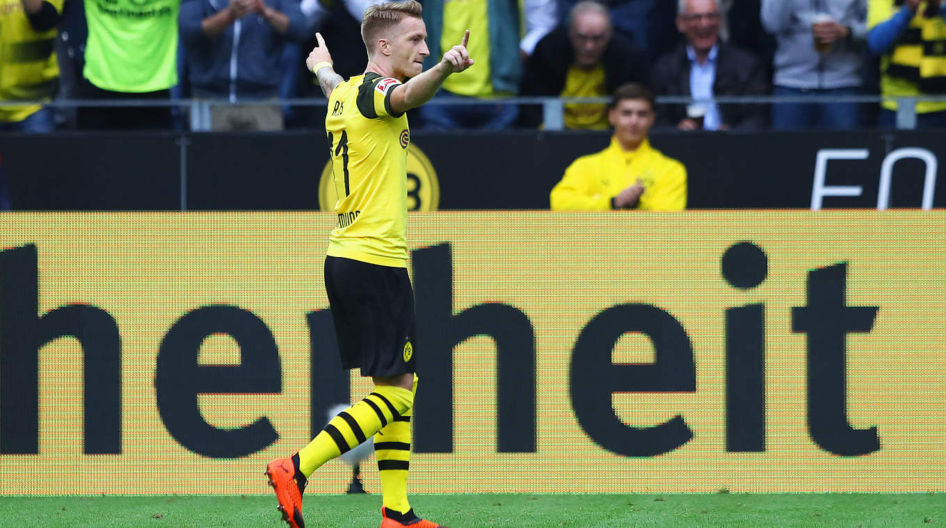Reason to celebrate: Marco Reus scored his 100th goal against Leipzig. © 2018 Getty Images