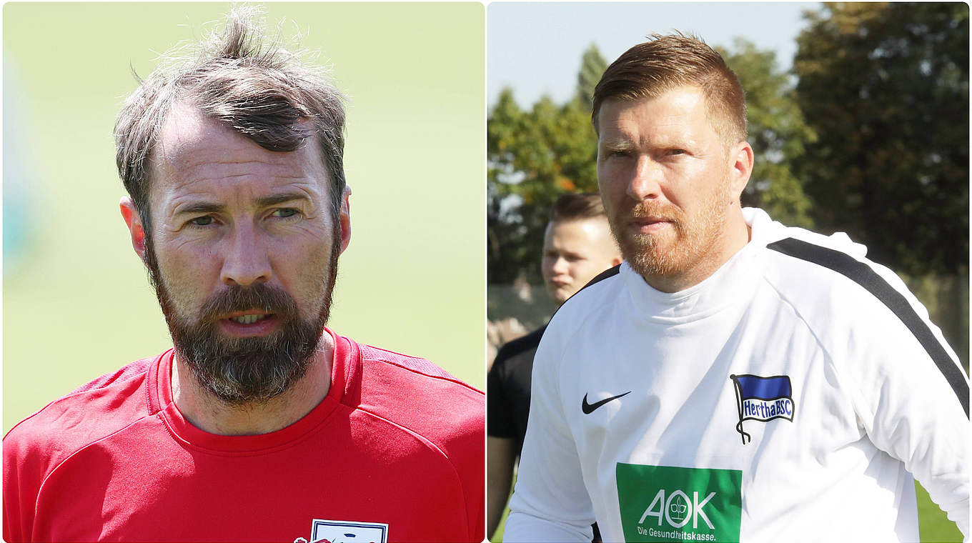 Topspiel in Leipzig: RB-Trainer Kurth (l.) trifft auf Hertha-Coach Neuendorf © Imago / Collage DFB