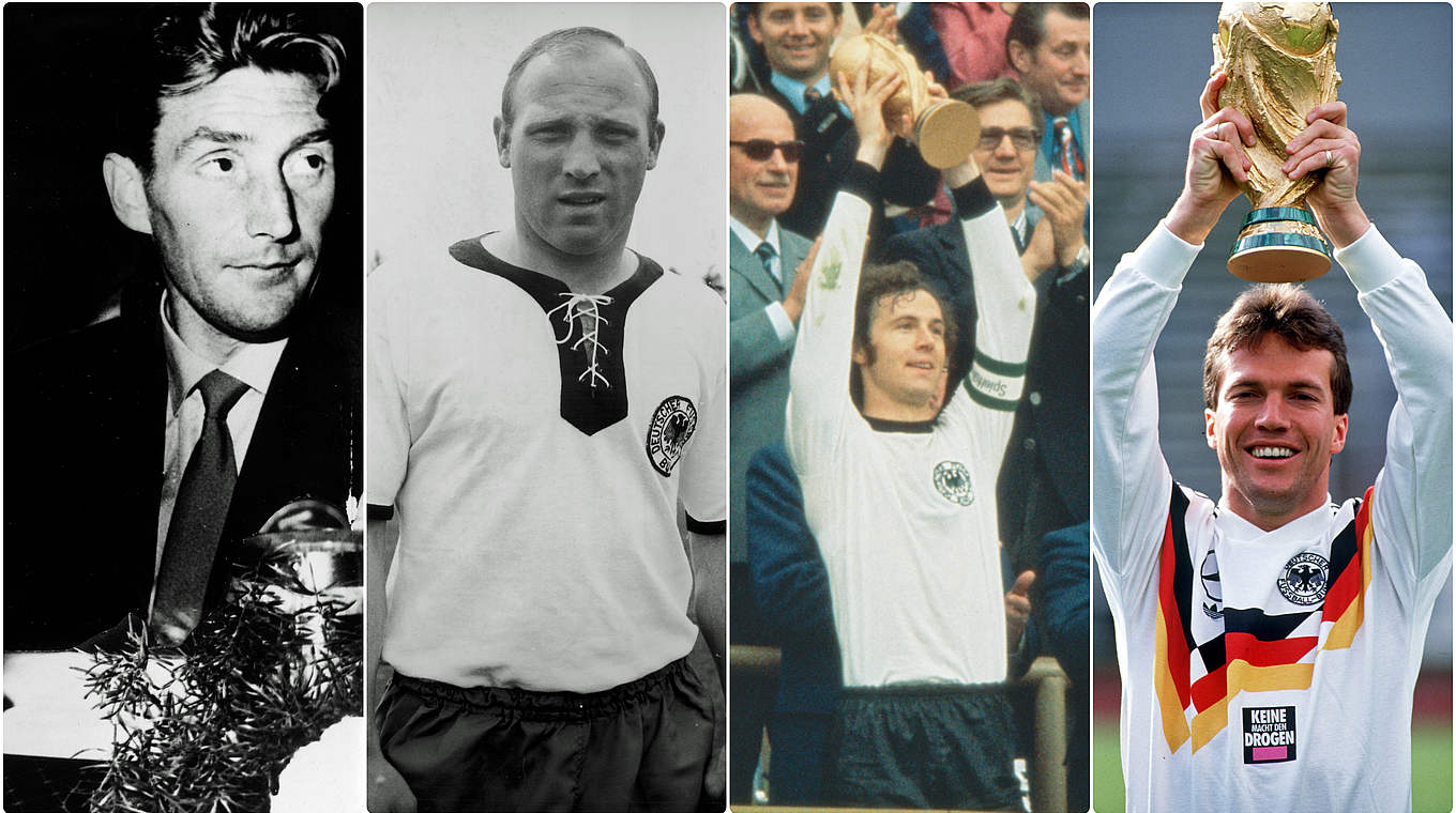 Gehören zur "ersten Elf": Ehrenspielführer Walter, Seeler, Beckenbauer, Matthäus (v.l.n.r.) © Bilder Getty Images / Collage DFB