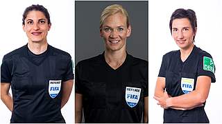 Bei der WM 2019 dabei: die Schiedsrichterinnen Hussein, Steinhaus und Rafalski (v.l.) © Getty Images/Collage DFB