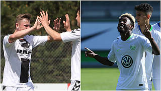 Torjäger unter sich: Freiburgs Lucas Hermes (l.) und Wolfsburgs John Yeboah (r.) © Getty Images/imago/Collage DFB