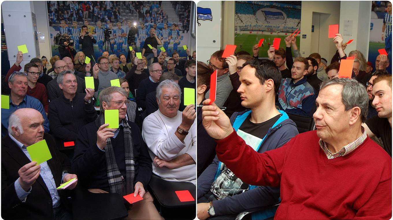 Gelb oder Rot? Die Journalisten zeigen Karten, die Schiedsrichterexperten klären auf © Wolfgang Weihs/Collage DFB