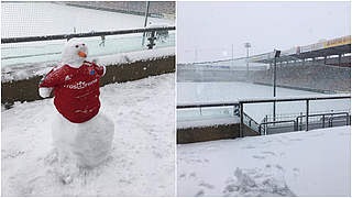 Kein Fußball möglich: Schneefall verhindert das Duell Unterhaching gegen Cottbus © Facebook/SpVgg Unterhaching/Collage DFB.de