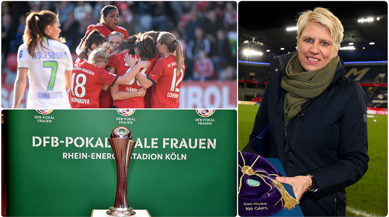 Wer gegen wen? Doris Fitschen (r.) lost die DFB-Pokalhalbfinalpaarungen aus © Jan Kuppert/imago/Collage DFB