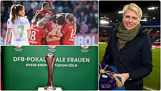 Wer gegen wen? Doris Fitschen (r.) lost die DFB-Pokalhalbfinalpaarungen aus © Jan Kuppert/imago/Collage DFB