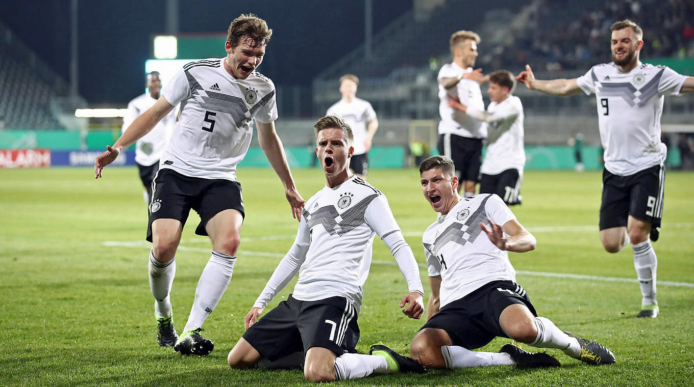 Germany U20s celebrate Dzenis Burnic's stunning winner against Portugal. © 2019 Getty Images