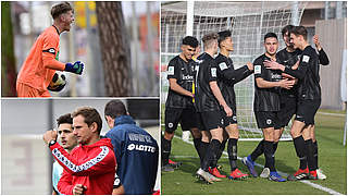 Rechnung offen: Die Mainzer um Coach Sören Hartung (u.l.) gegen Eintracht Frankfurt © imago/Collage DFB