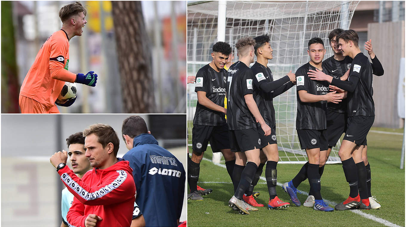 Rechnung offen: Die Mainzer um Coach Sören Hartung (u.l.) gegen Eintracht Frankfurt © imago/Collage DFB