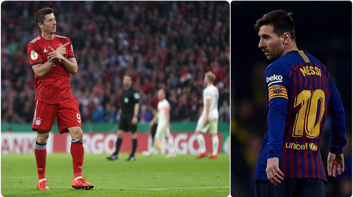 Europäische Toptorjäger: Lewandowski (l.) vom FC Bayern und Barca-Superstar Messi © Getty Images/Collage DFB