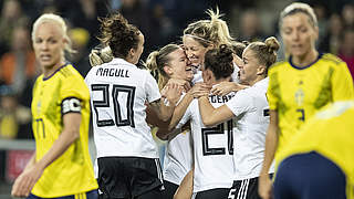 Germany celebrates a victory against Sweden in the Friends Arena.  © 2019 Getty Images