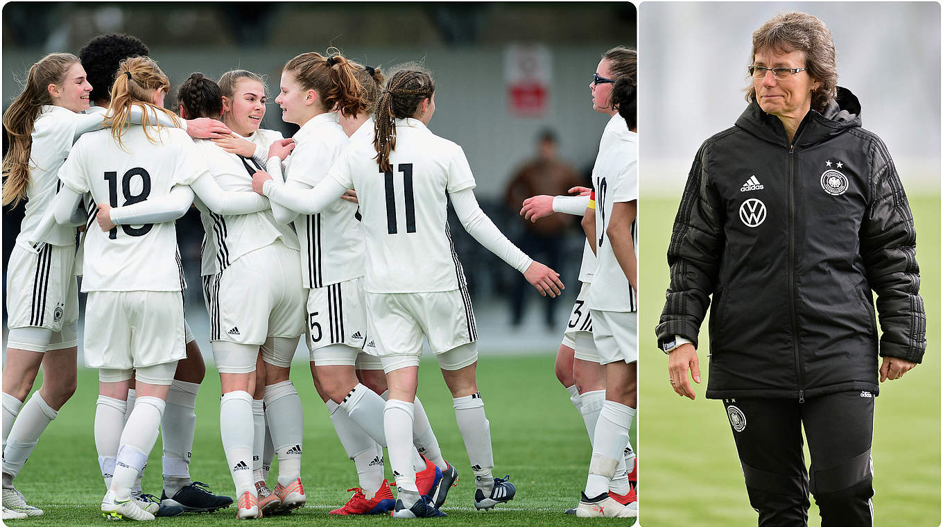 Der Kader steht: U 17-Trainerin Ulrike Ballweg (r.) nimmt 20 Spielerinnen mit zur EM © Bilder Getty Images / Collage DFB