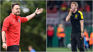 Trainerduell an der Seitenlinie: Aachens Mollocher (l.) und Dortmunds Hoffmann © Getty Images/imago/Collage DFB