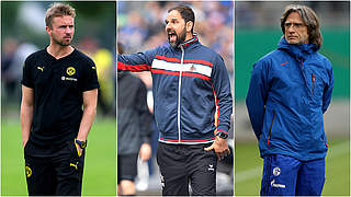 BVB, Köln und Schalke im Dreikampf: die Trainer Hoffmann, Ruthenbeck, Elgert (v.l.n.r.) © Bilder Getty Images / Collage DFB