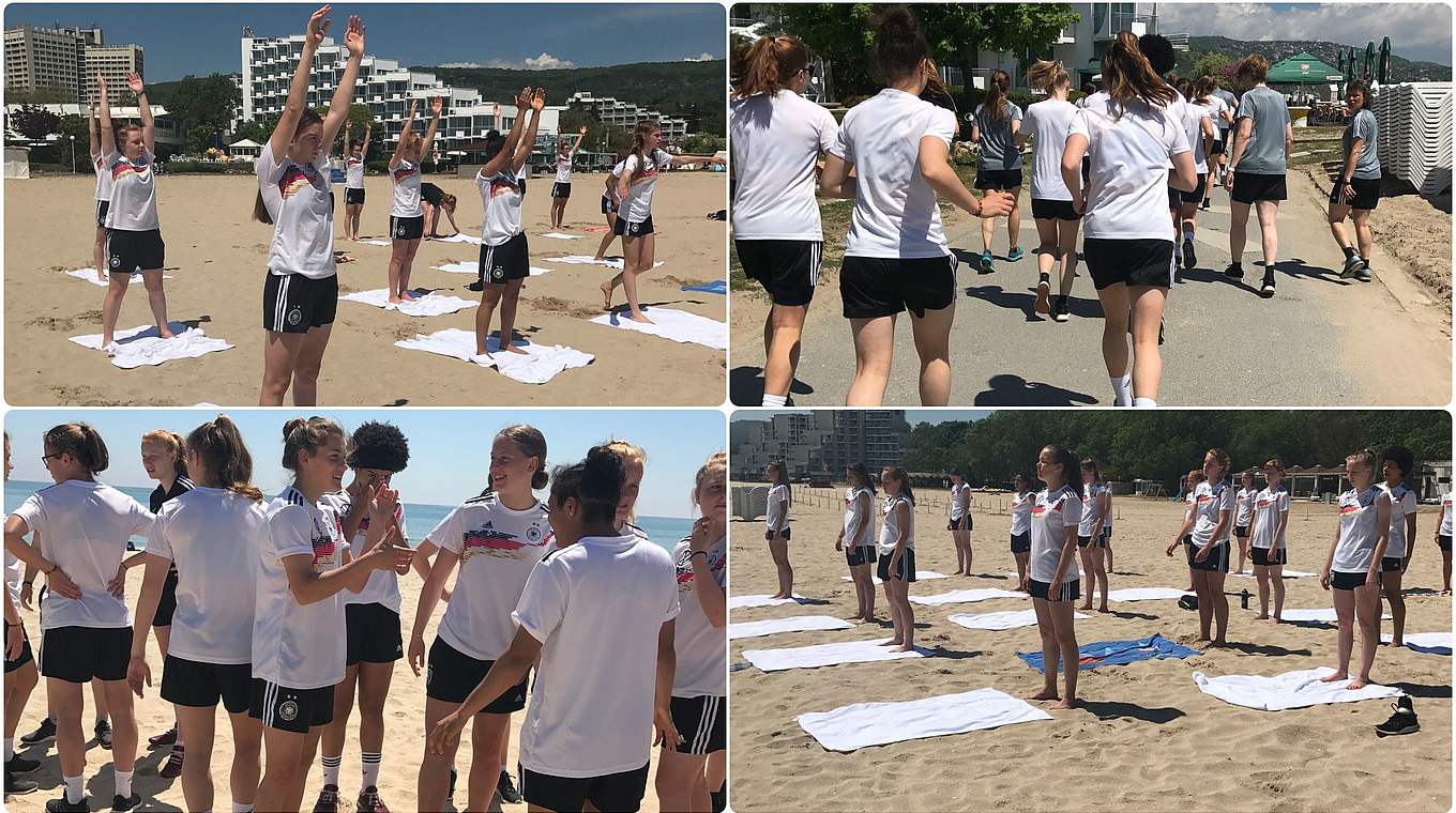 Kurze Laufeinheit und Yoga am Strand, dann ab zum Shoppen: die U 17 in Bulgarien © DFB