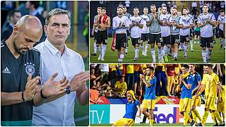 Head coach Stefan Kuntz (2 from l.) has his eyes on advancing to the final.  © Getty Images/Collage DFB