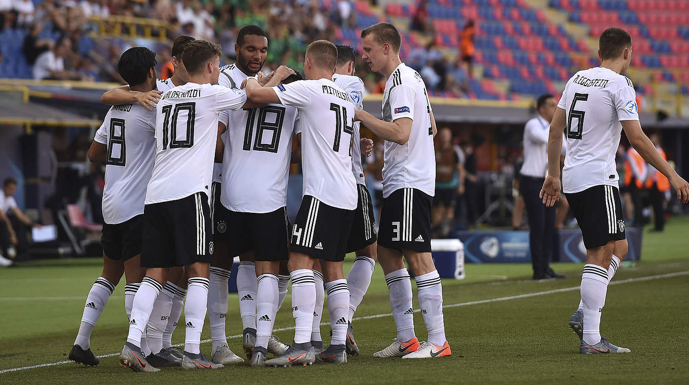 Germany celebrate reaching our fourth U21 final. © UEFA/Sportsfile