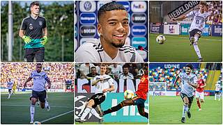 The six German representatives (clockwise): Nübel, Henrichs, Waldschmidt, Dahoud, Klostermann, Tah © Getty Images/Collage DFB