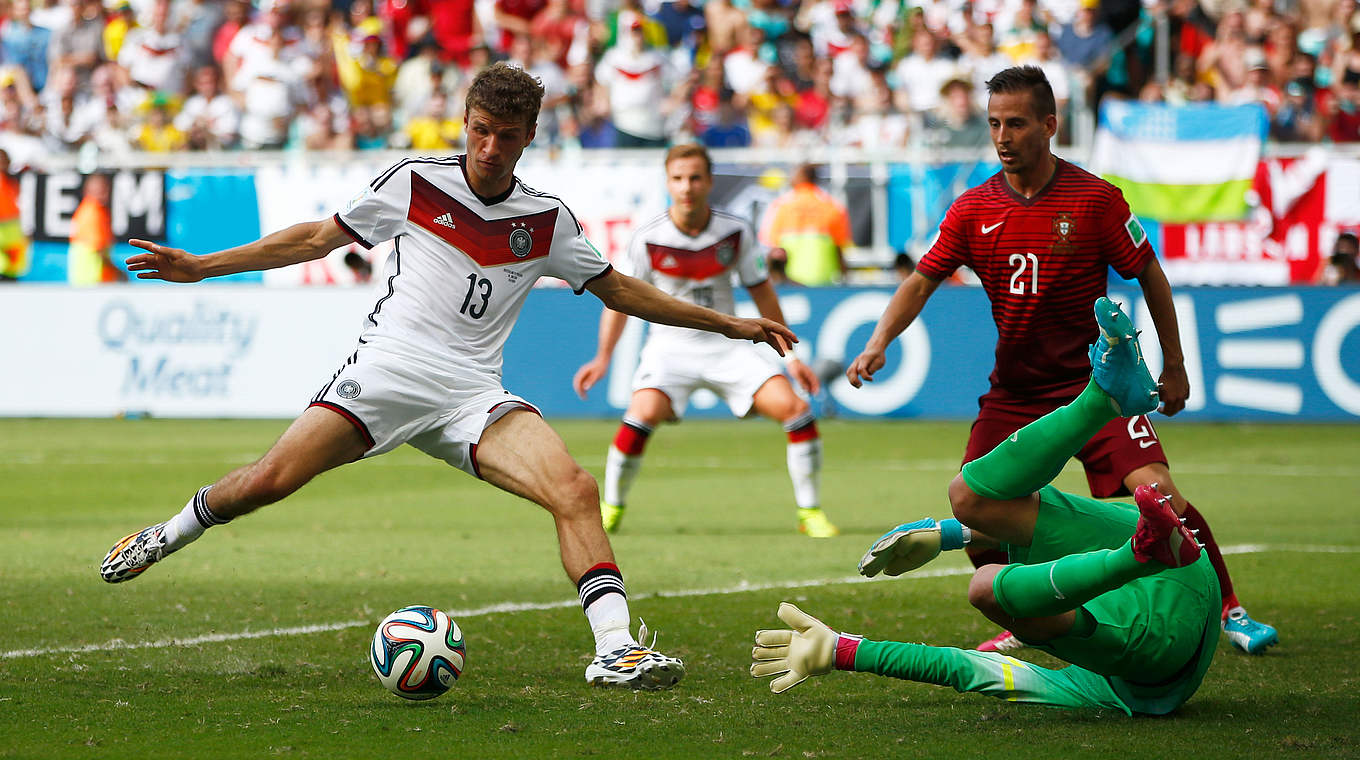 Thomas Müller bags a hat-trick in the opener against Portugal. © 2014 Getty Images