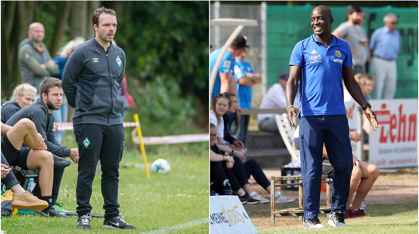 Treffen im Eröffnungsspiel aufeinander: Werder-Coach Kluge (l.) und FCS-Trainer Diane © Imago/Collage DFB