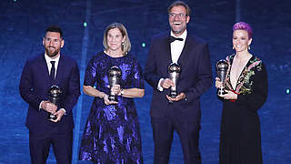 Die Gewinner: Lionel Messi, Jill Ellis, Jürgen Klopp und Megan Rapinoe (v.l.n.r.) © imago