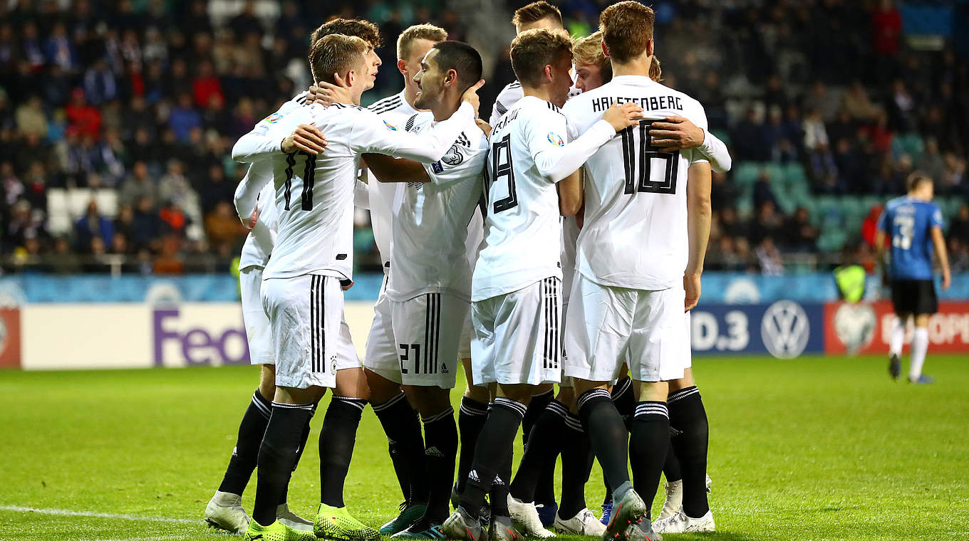 Germany celebrate a hard-fought victory in Tallinn.  © Getty Images
