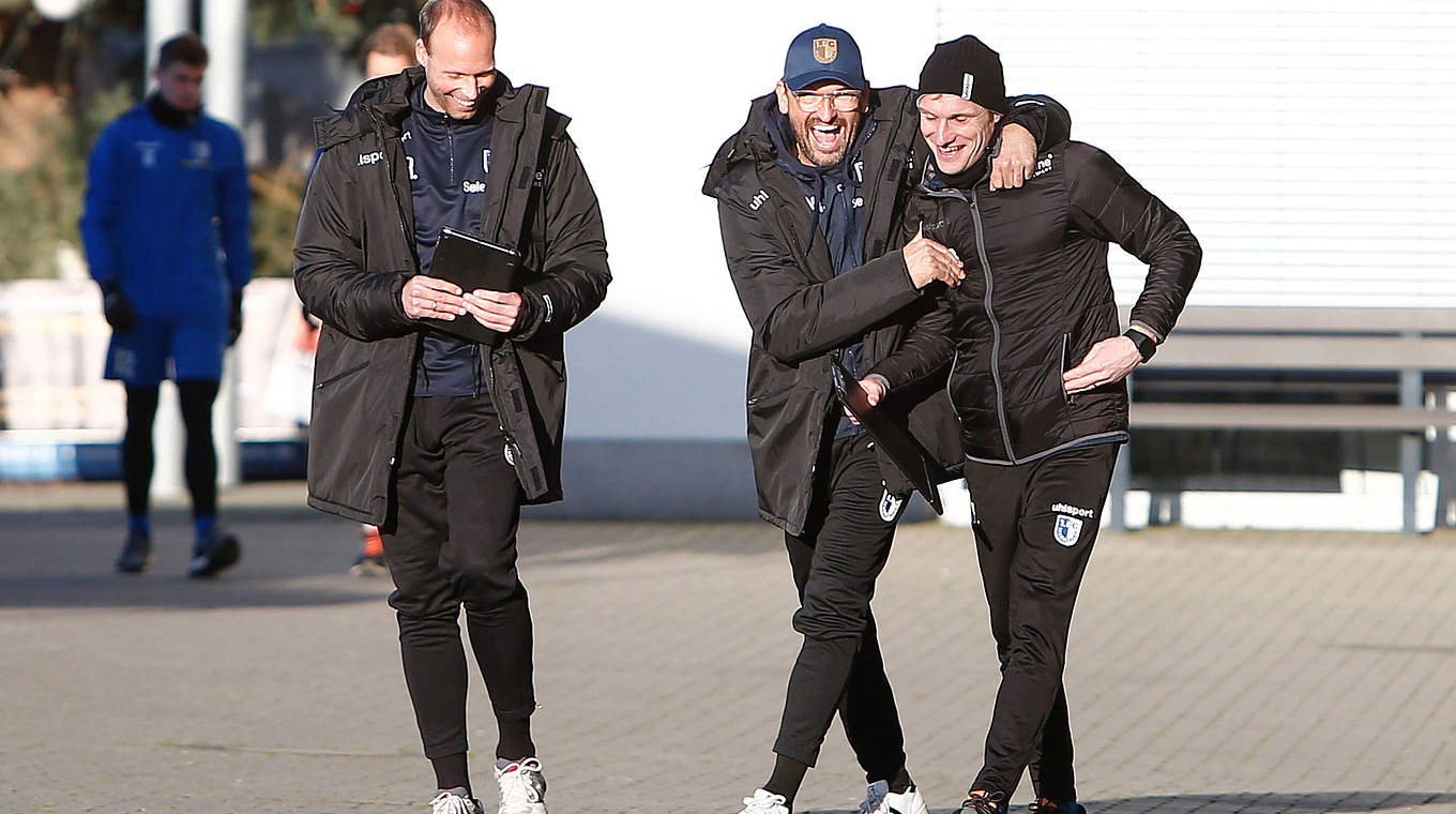 FCM-Trainertrio Renno, Wollitz und Bankert (v.l.): "Hervorragendes Funktionsteam" © imago images/Jan Huebner