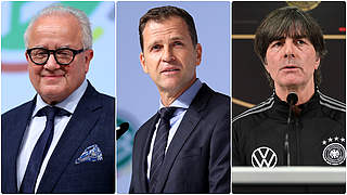 Stellen sich Fragen zu Ereignissen rund um die Corona-Krise: Keller, Bierhoff, Löw (v.l.) © Getty Images/Collage DFB