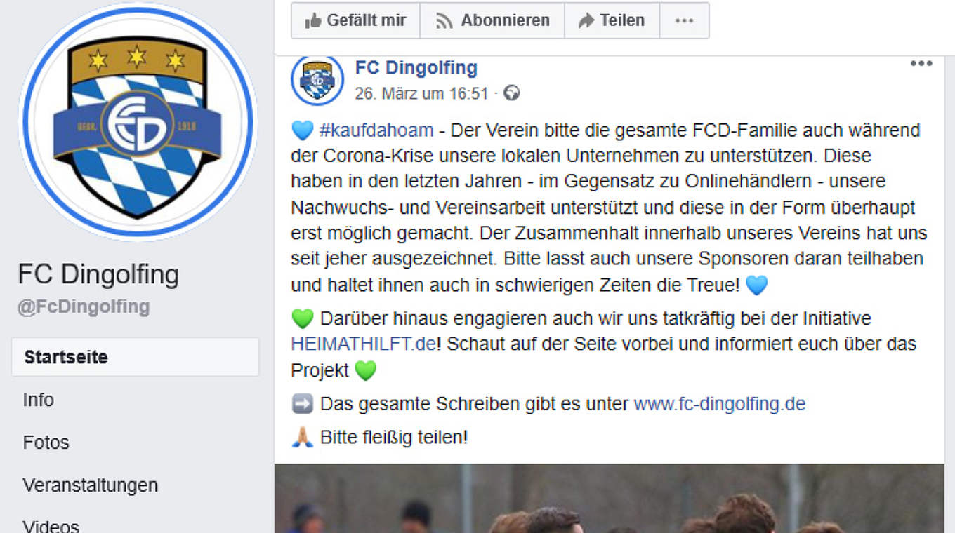Ruft via Facebook zur Hilfe auf: der FC Dingolfing © Screenshot
