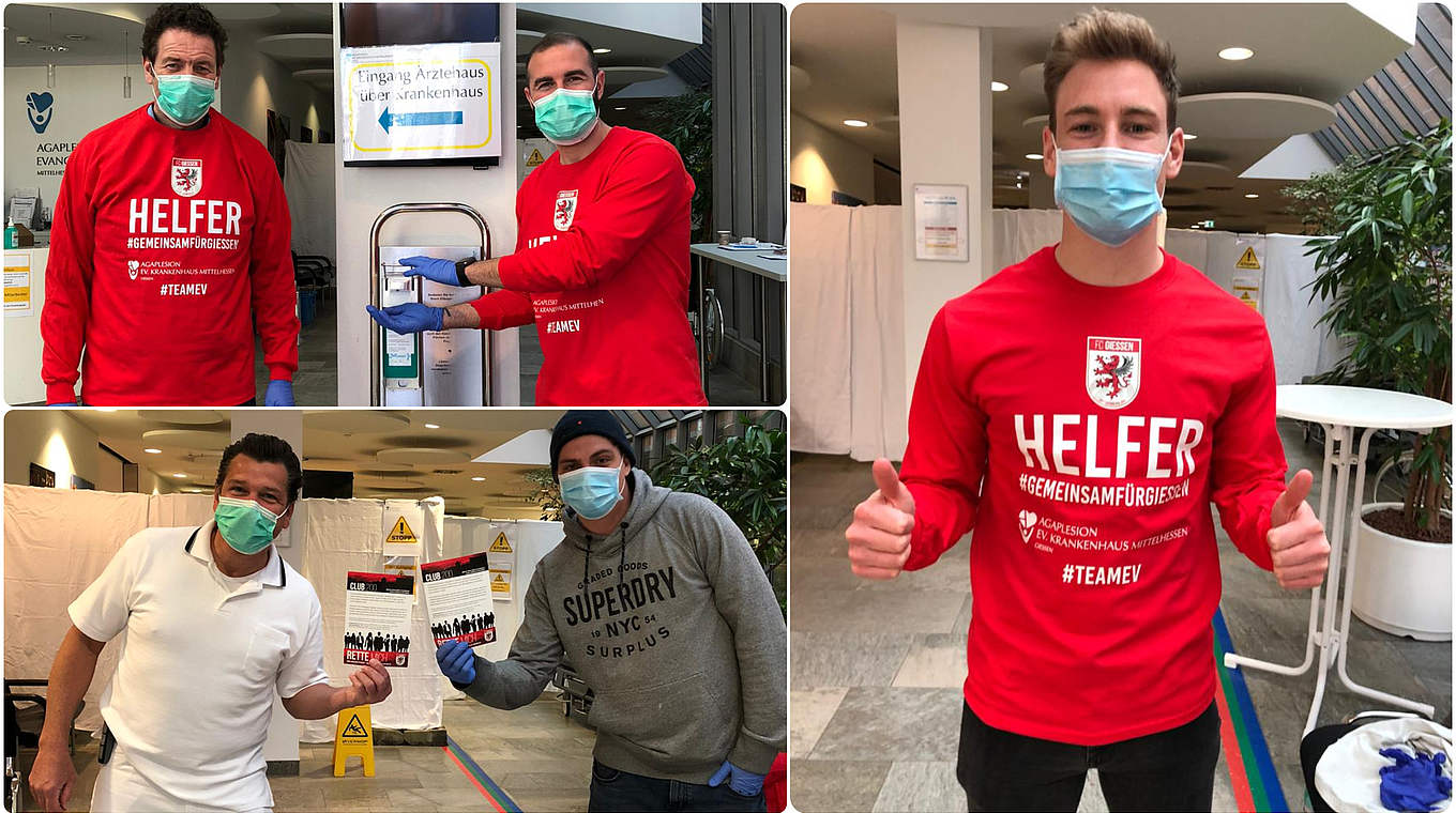 "Wo es möglich ist, da helfen wir": Spieler des FC Gießen unterstützen im Krankenhaus © Max Schöber/FC Gießen/Collage DFB