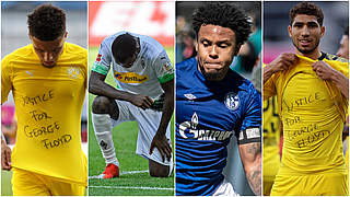 Setzen ein Zeichen gegen Rassismus: Sancho, Thuram, McKennie und Hakimi (v.l.n.r.) © Bilder Getty Images, Imago / Collage DFB