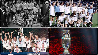 Rekordsieger gemeinsam mit Spanien: EM-Titelgewinne 1972 (o.l.), 1980, 1996 (u.l.) © Getty Images/imago/Collage DFB